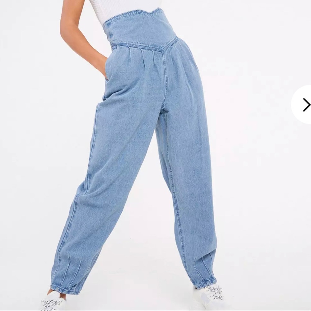 blue high waisted corset balloon jeans